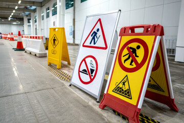 A collection of safety signs warning of construction and pedestrian areas in a modern building environment.