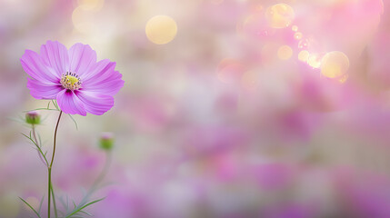 Fototapeta premium Earth Day Celebration: Ethereal Pink Cosmos Bloom with Pastel Bokeh, Symbolizing Ecological Harmony. Macro Details, Soft Focus, and Nature Conservation Themes in High-Res Floral Art.