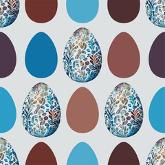 Colored watercolor Easter eggs with flowers on white background.  Easter seamless pattern, vector illustration.  Texture for fabric, wrapping, wallpaper, print