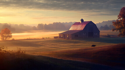 Rustic Barn at Sunrise Surrounded by Fog and Autumn Fields