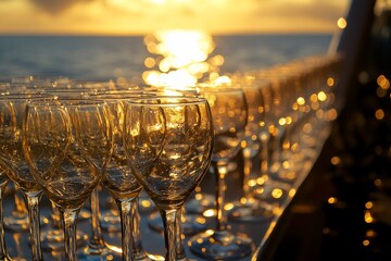 Empty wine glasses on a boat deck at sunset.  Possible use Stock photo for a travel or event company