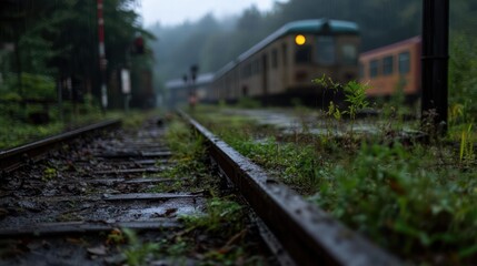 Fototapeta premium Overgrown Railway Track and Vintage Train in the Rain