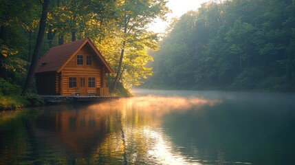 Serene lakeside cabin surrounded by lush trees at dawn, mist rising gently