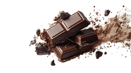 Decadent Dark Chocolate: Blocks of rich, dark chocolate and cocoa powder create a gourmet scene of sweetness.