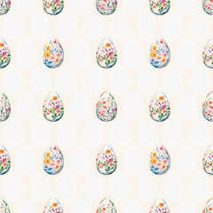 Colored watercolor Easter eggs with flowers on white background.  Easter seamless pattern, vector illustration.  Texture for fabric, wrapping, wallpaper, print