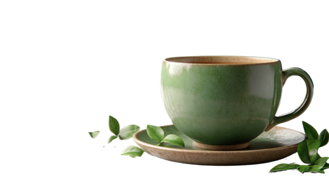 Zen Brew: An inviting image of a tea cup placed on a saucer with some leaves, a symbol of tranquility.