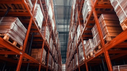 Spacious warehouse interior with tall racking systems and neatly stacked pallets. Perfect for logistics, storage, and industrial business themes.
