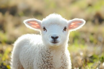 Obraz premium Close-up Portrait of an Adorable Fluffy Lamb in a Sunny Green Pasture on a Farm