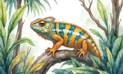 Colorful chameleon on a branch