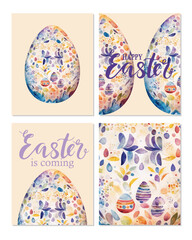 Set of colored watercolor Easter eggs with flowers on pink background.  Easter  greeting cards, vector illustration , wallpaper, print