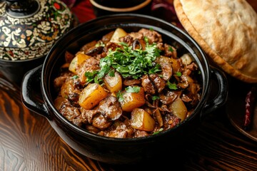 Hearty meat stew with potatoes served in a bowl on a wood table for dinner