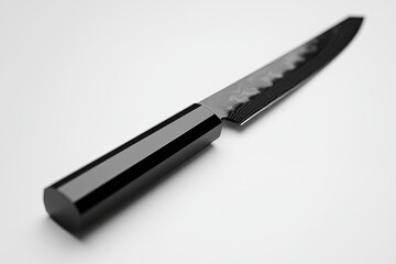Sleek Black Kitchen Knife with Sharp Edge on White Background