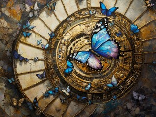 Obraz premium Butterflies flutter around golden mechanical clockwork.