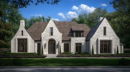 Elegant Modern House Surrounded by Lush Green Landscaping and Bright Blue Sky