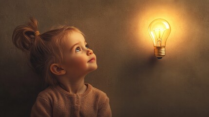 A curious child gazes at a glowing light bulb on a textured wall, evoking wonder and imagination in a cozy setting