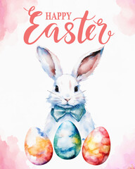 Happy Easter! colored watercolor Easter eggs with easter rabbit  on watercolor background.  Easter  greeting cards, vector illustration, print
