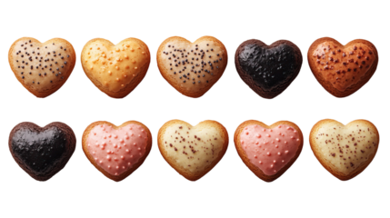 Sweet Bites of Love: A delightful assortment of heart-shaped cookies, each with a unique texture and color, offering a tempting treat and a symbol of affection.