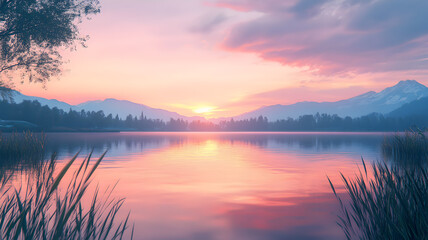 Fototapeta premium Dreamy Sunset Over a Serene Lake with Pink Clouds and Blossoming Trees