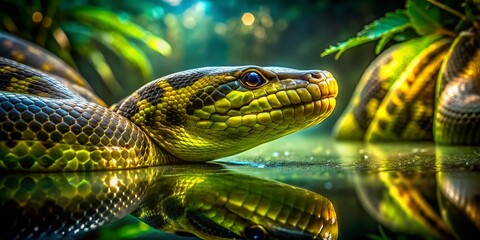Obraz premium Green Anaconda in Water: Close-Up View of a Giant Snake Swimming