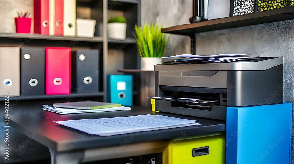 Poster A modern office setup featuring a printer, colorful file organizers, and a sleek desk, creating an organized and efficient workspace