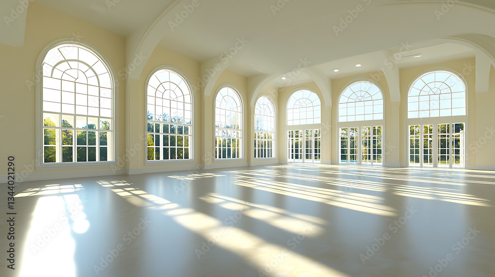 Poster a spacious, sunlit room featuring large arched windows, casting intricate shadows on a polished floo