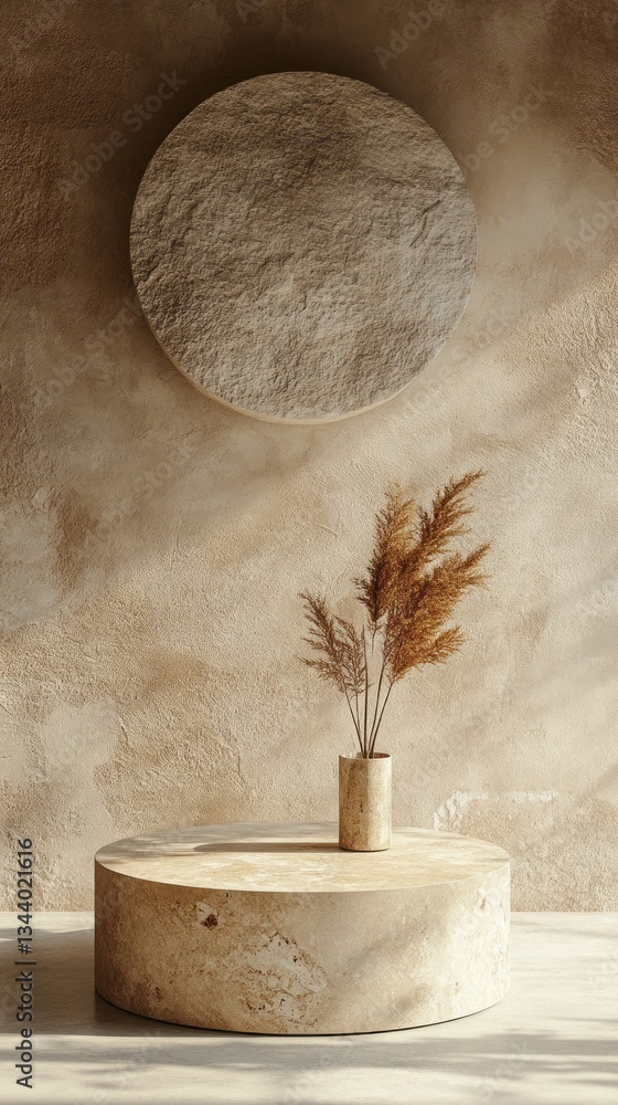 Poster This tranquil setting showcases a round stone table adorned with elegant dried flowers in a simple vase