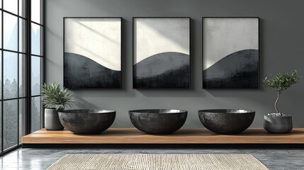 Modern minimalist interior with abstract art and decorative bowls on display