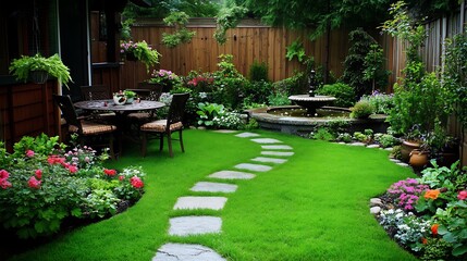 A beautiful backyard garden with lush green grass and flowers