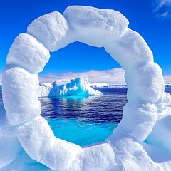 Teal Iceberg Framed by a Snow Circle in a Glacial Ocean