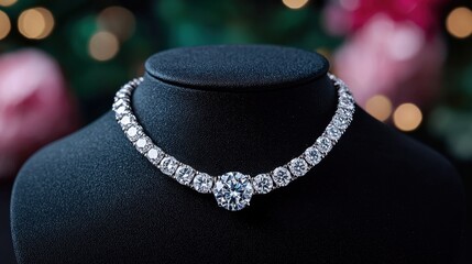 Elegant Diamond Necklace Displayed on Black Bust with Blurred Floral Background and Soft Bokeh Lights