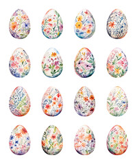 Set of colored watercolor Easter eggs with flowers. Vector illustration