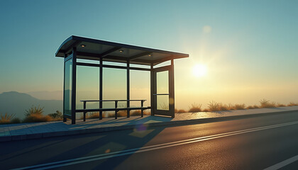 Obraz premium Modern bus stop at sunrise on a scenic mountain road