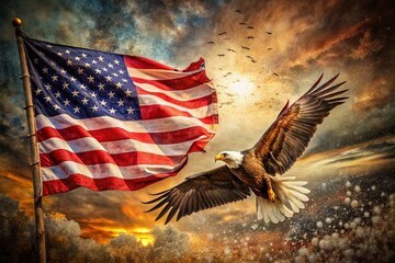 Grunge American Flag with Bald Eagle Soaring Over a Business Banner
