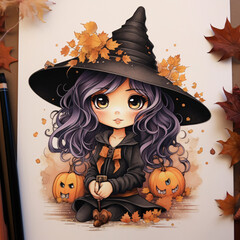 Cute cartoon illustration of a little forest witch in a hat and robe. Cute anime chibi character.