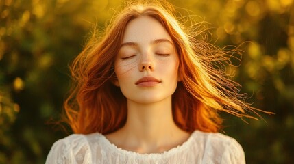 Naklejka premium Serene Young Woman with Red Hair and Closed Eyes in Nature during Golden Hour Lighting
