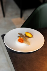 haute cuisine concept dessert in white plate on grey stone background