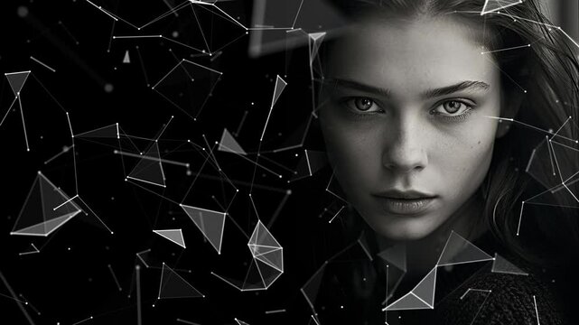 Scene from a modern commercial. The stern look of a woman. Image for an advertisement for a women's brand. Background with flying patterns. Generated AI.