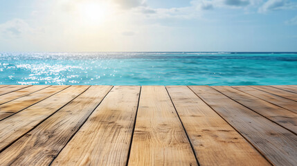 Wooden deck overlooking turquoise ocean with sunlight reflections. Scenic summer seascape background with copy space