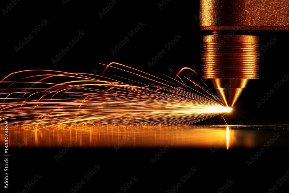 Poster laser cutting machine creating sparks on a dark background