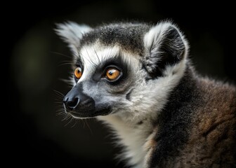 close-up portrait of a ring-tailed lemur against black background. Ring-tailed Lemur Madagascar animal