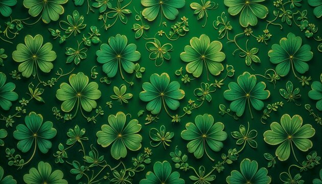 "A seamless pattern of vibrant shamrock leaves intertwined with golden filigree, set against a rich emerald background, capturing the essence of Irish elegance."
