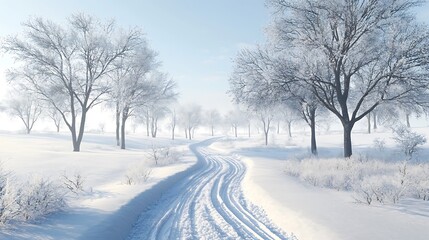 Fototapeta premium Snowy road with trees on bright winter day use banner