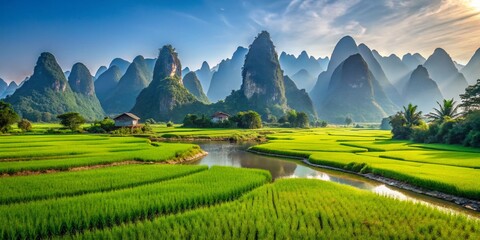 Fototapeta premium Guilin China: Breathtaking Panoramic View of Mountain, River, and Rice Terraces