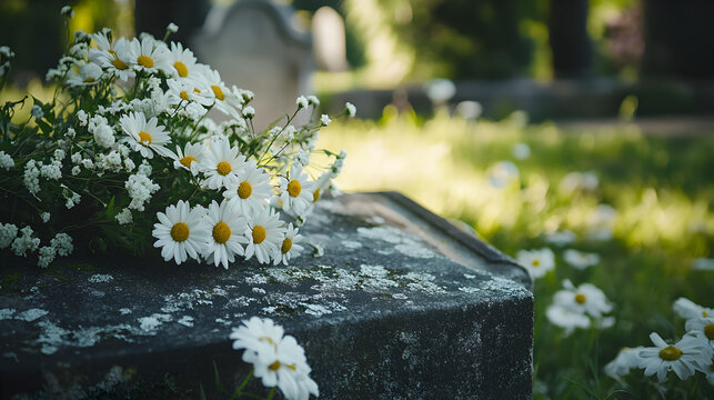 una lapida o tumba de difunto con flores blancas para recordar en el funeral