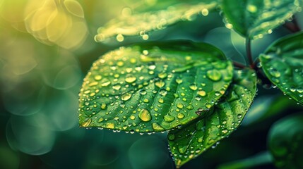 Dew-kissed leaves in sunlit garden