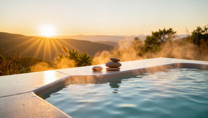 Tranquil hot spring with sunset backdrop, serene relaxation