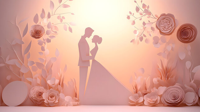 un dise&ntilde;o de tarjeta de boda con novios formados de papel para dise&ntilde;o recortados con un marco de flores y ramas hechas de papel para dise&ntilde;o creativo tarjeta nupcial