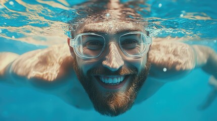 Fototapeta premium Smiling man swimming underwater in clear blue pool, enjoying leisure time with sunlight filtering through water