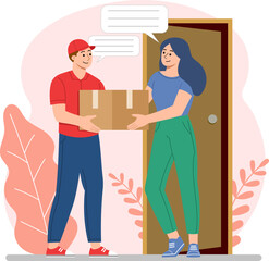 Illustration of a parcel delivery. A delivery man is handing a cardboard box to a woman.