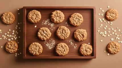 Fototapeta premium Freshly baked oatmeal cookies on a wooden tray with oat flakes. 